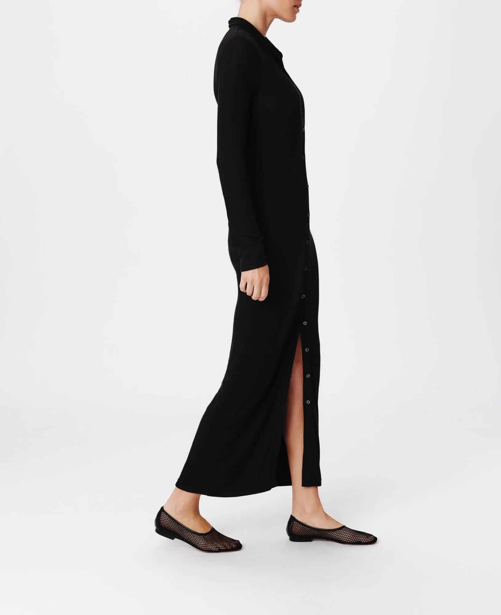 Modal Rib Long Sleeve Maxi Shirt Dress - Black