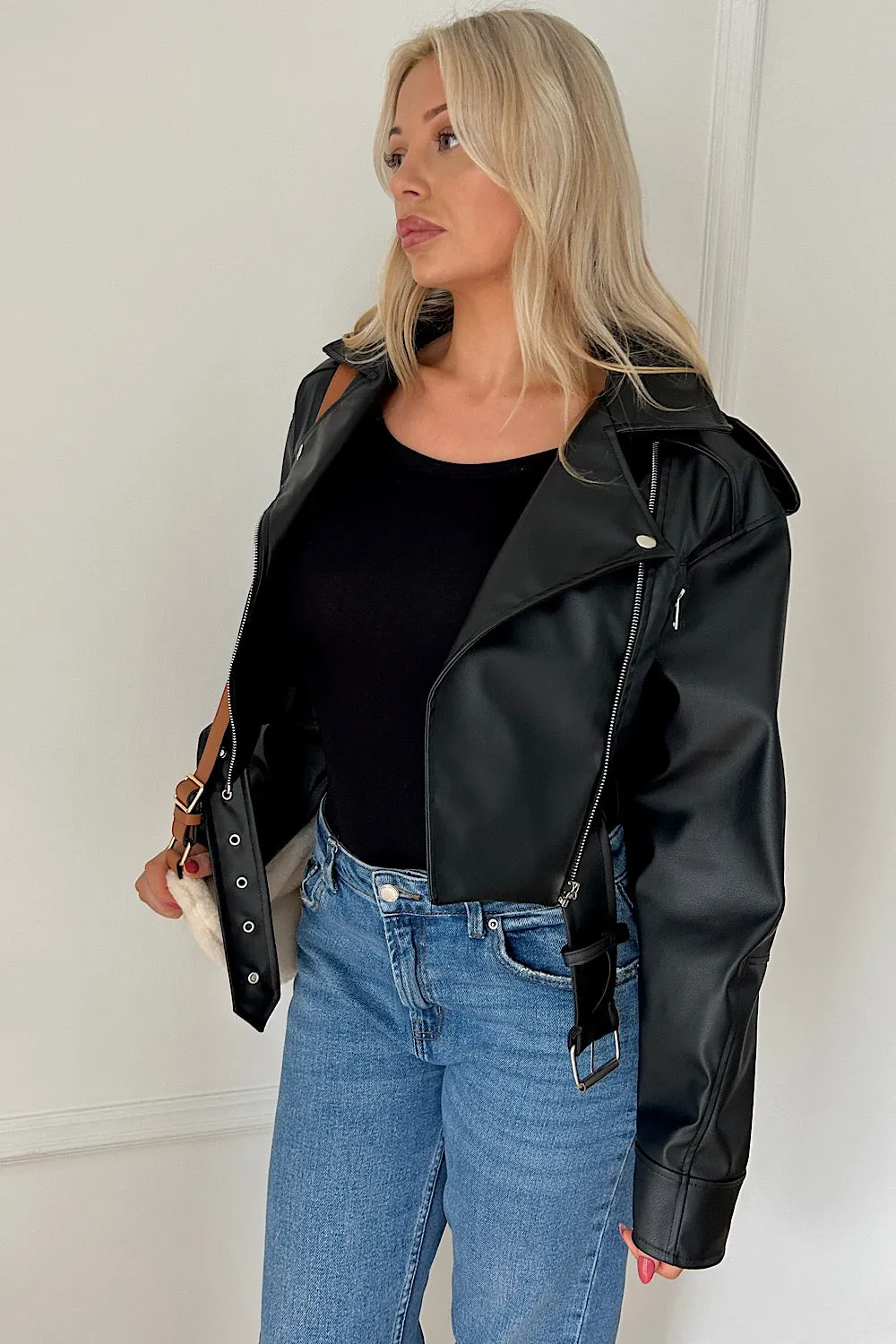 Molly Black Leather Cropped Jacket