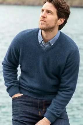 Noble Wilde - Oxford V Sweater in Merino Wool & Possum Fur - Neptune