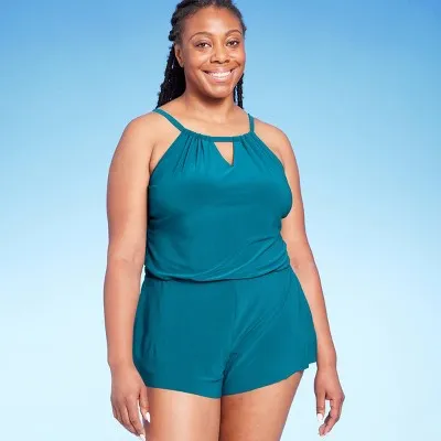 Open Box - Aqua Green Women's Swim Romper One Piece Swimsuit with Pocket UPF 50 