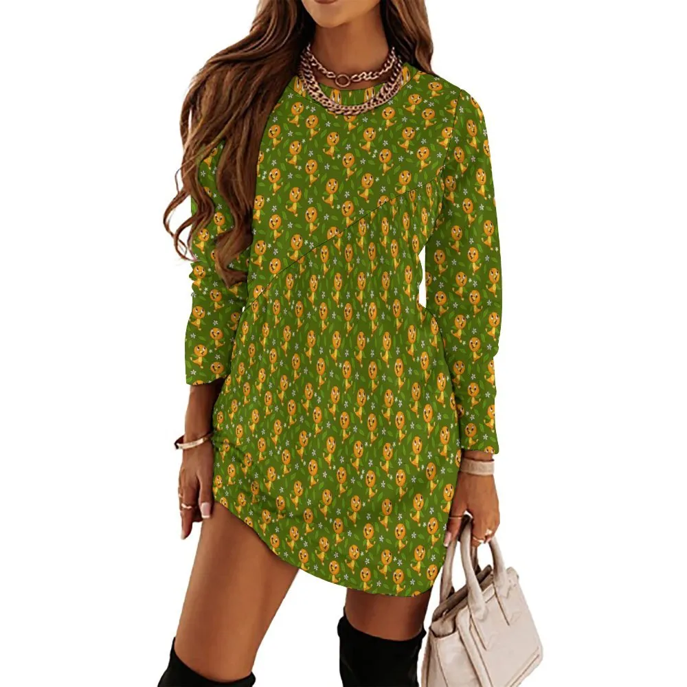 Orange Bird Long Sleeve Patchwork T-shirt Dress