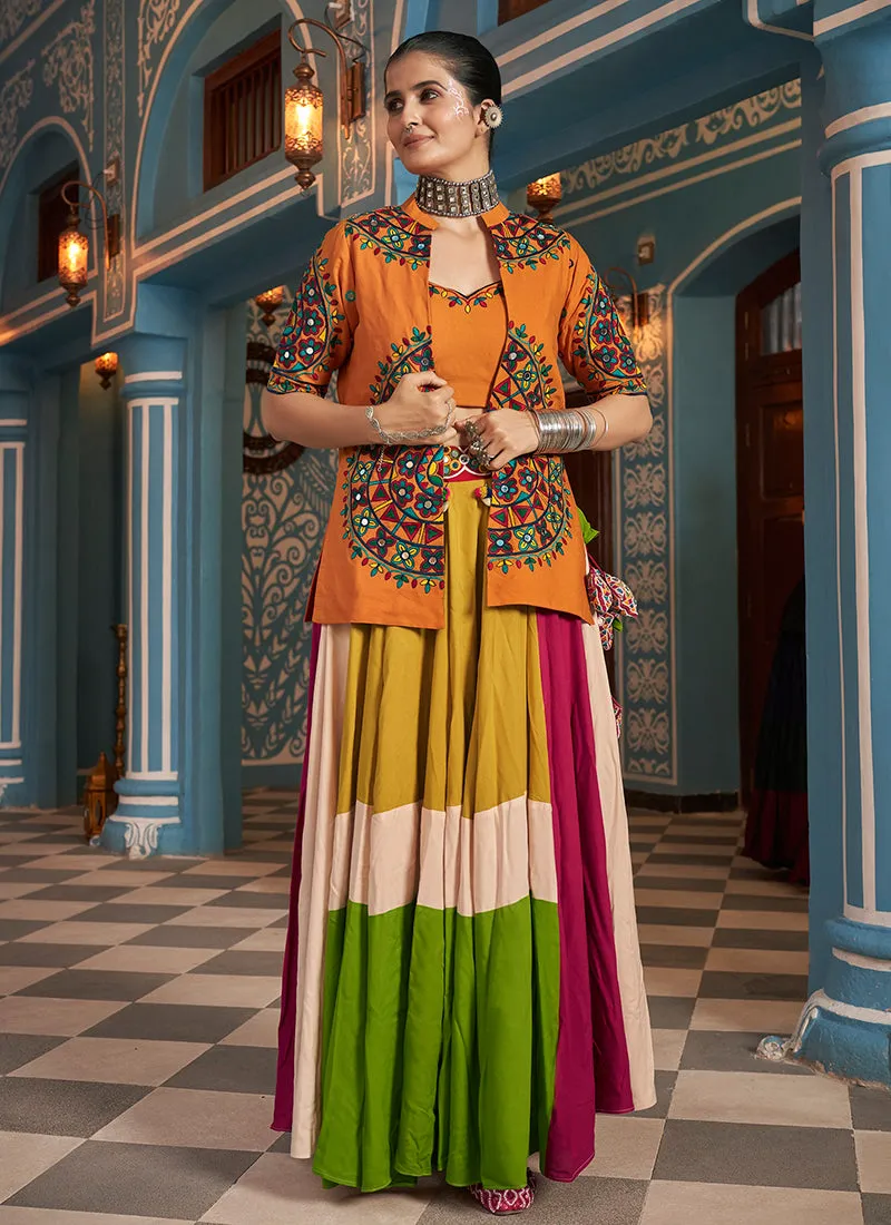 Orange Multicoloured Kutchi Embroidered Chaniya Choli