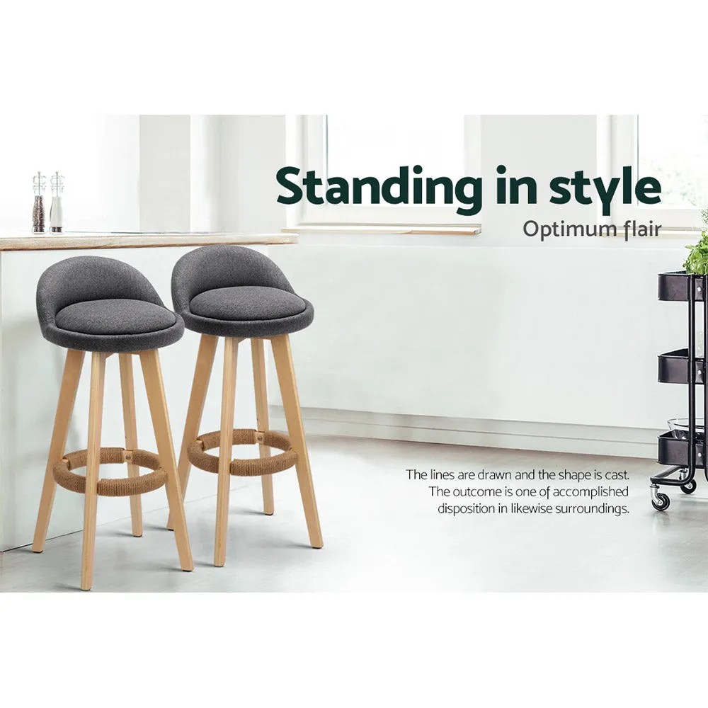 Padded 2x Grey Bar Stools with Wooden Frame, 360 Swivel - Artiss