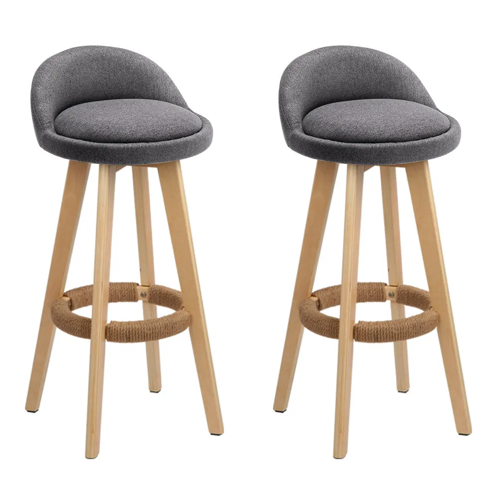 Padded 2x Grey Bar Stools with Wooden Frame, 360 Swivel - Artiss