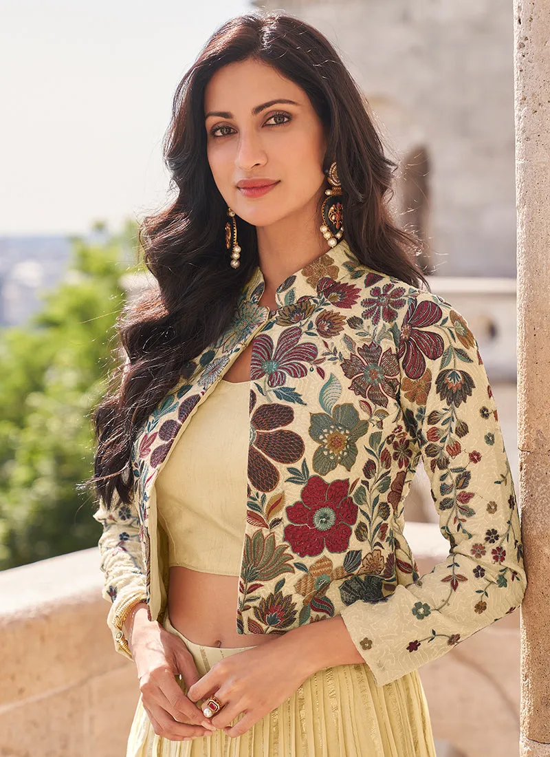 Pastel Yellow Floral Embroidered Jacket Style Lehenga