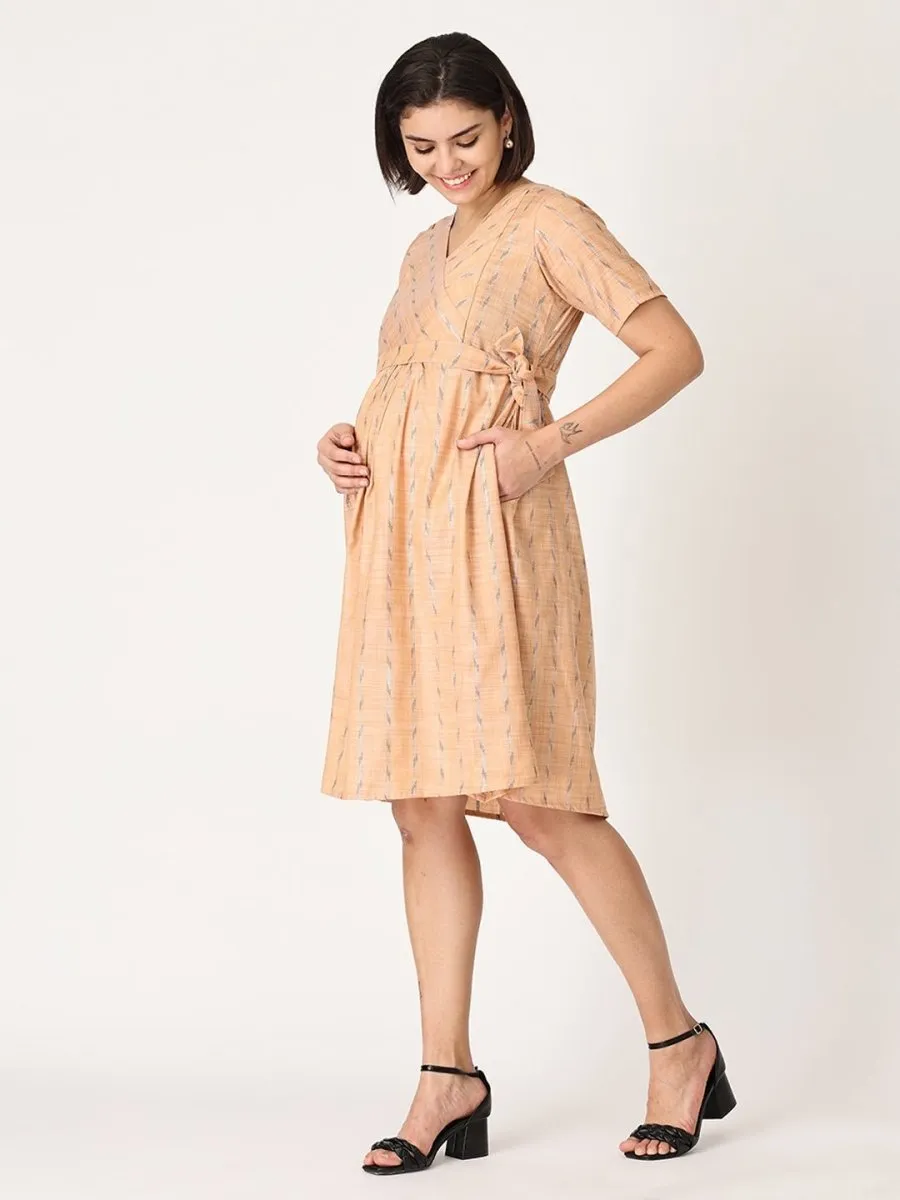 Peach Bud Shimmer Maternity Kurti Dress With Nursing