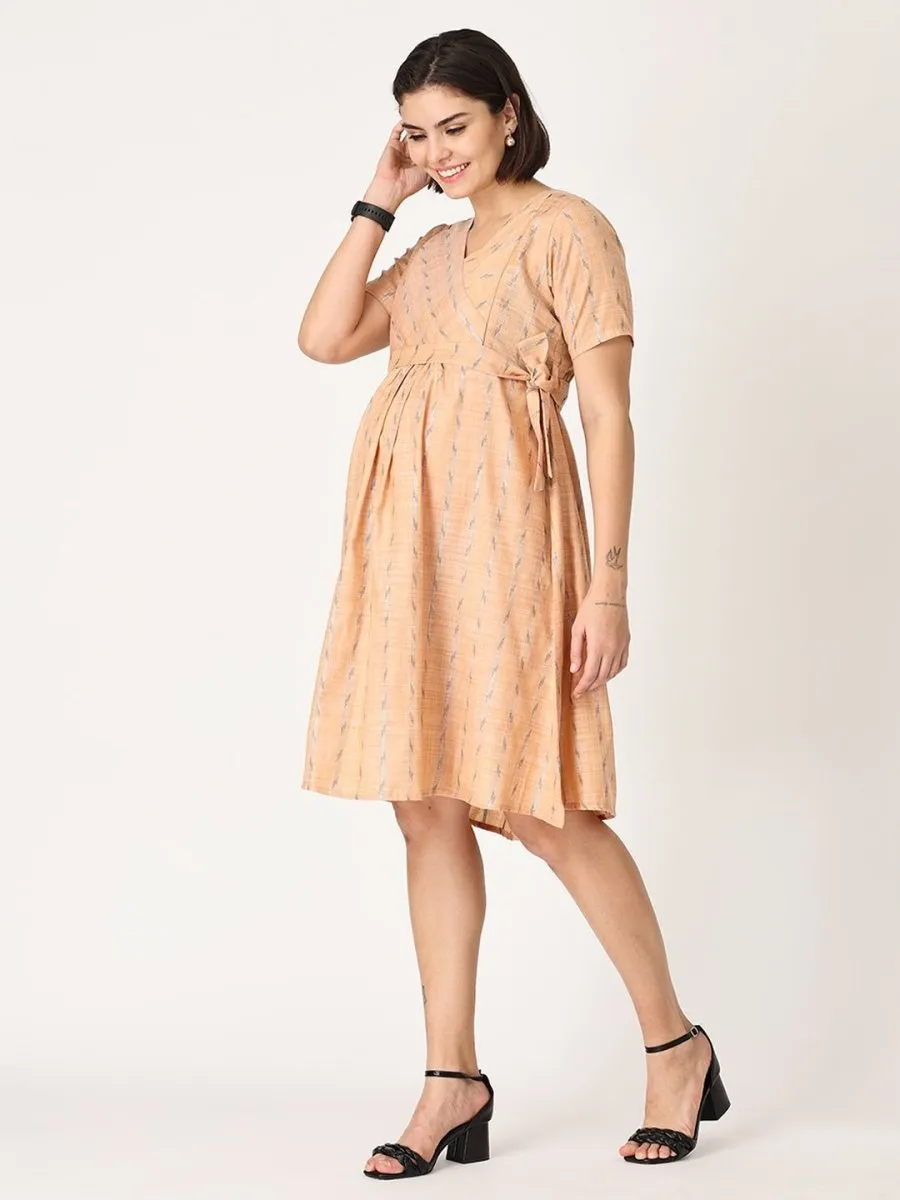 Peach Bud Shimmer Maternity Kurti Dress With Nursing