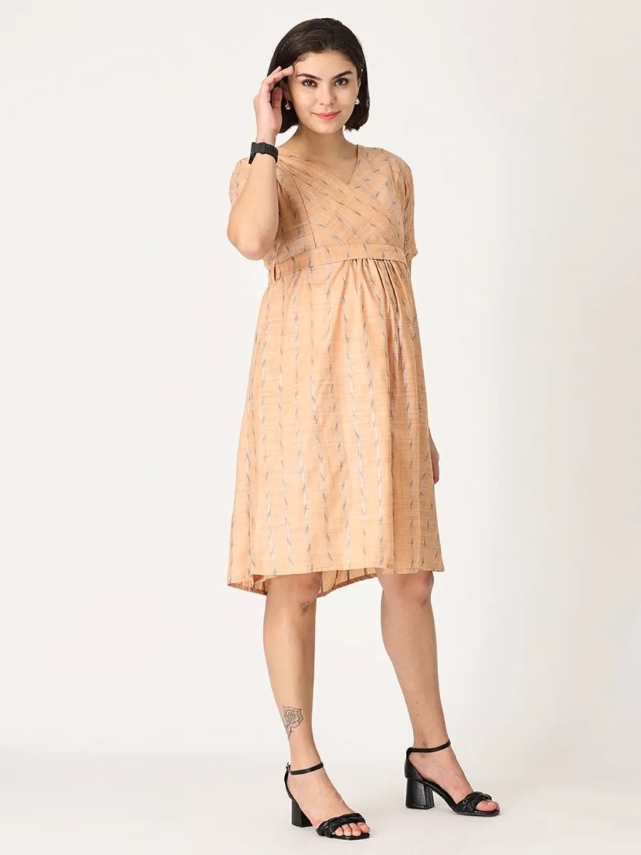 Peach Bud Shimmer Maternity Kurti Dress With Nursing