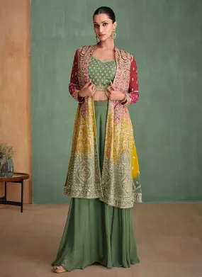 Pink And Green Ombre Embroidered Jacket Style Sharara Suit