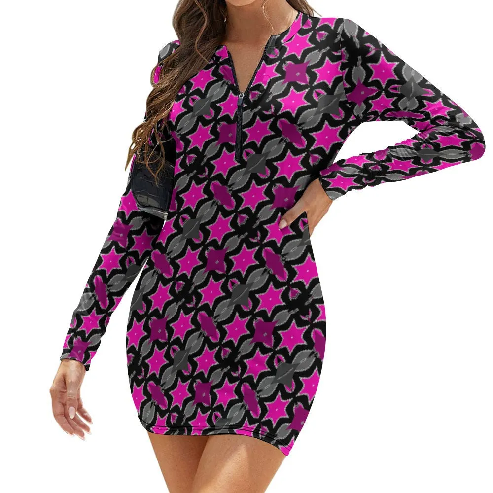 Pink Star Women's Zipper Long Sleeve Hip Dress