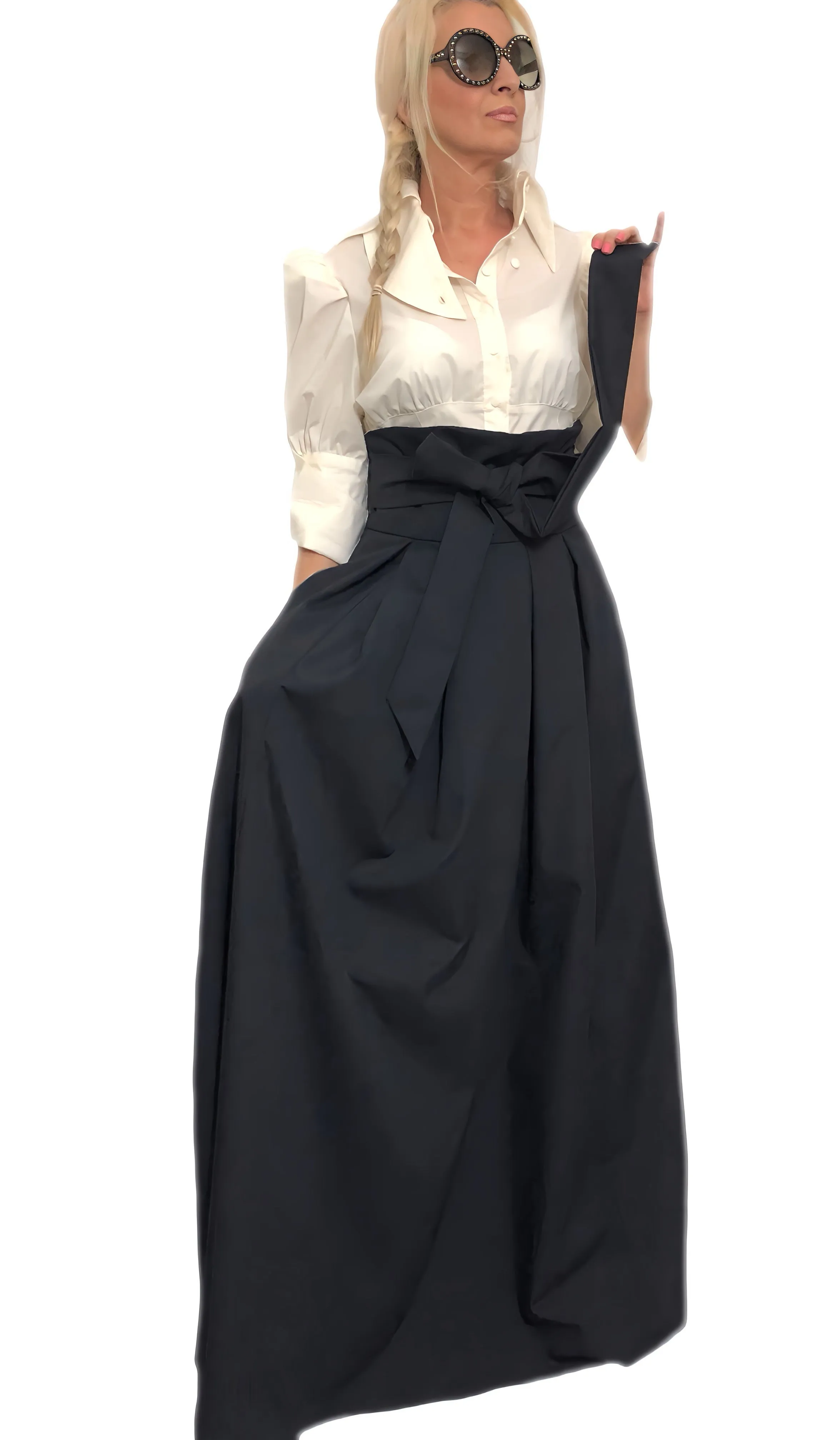 Pleated Cotton High-Rise Maxi Skirt With Functional Pockets