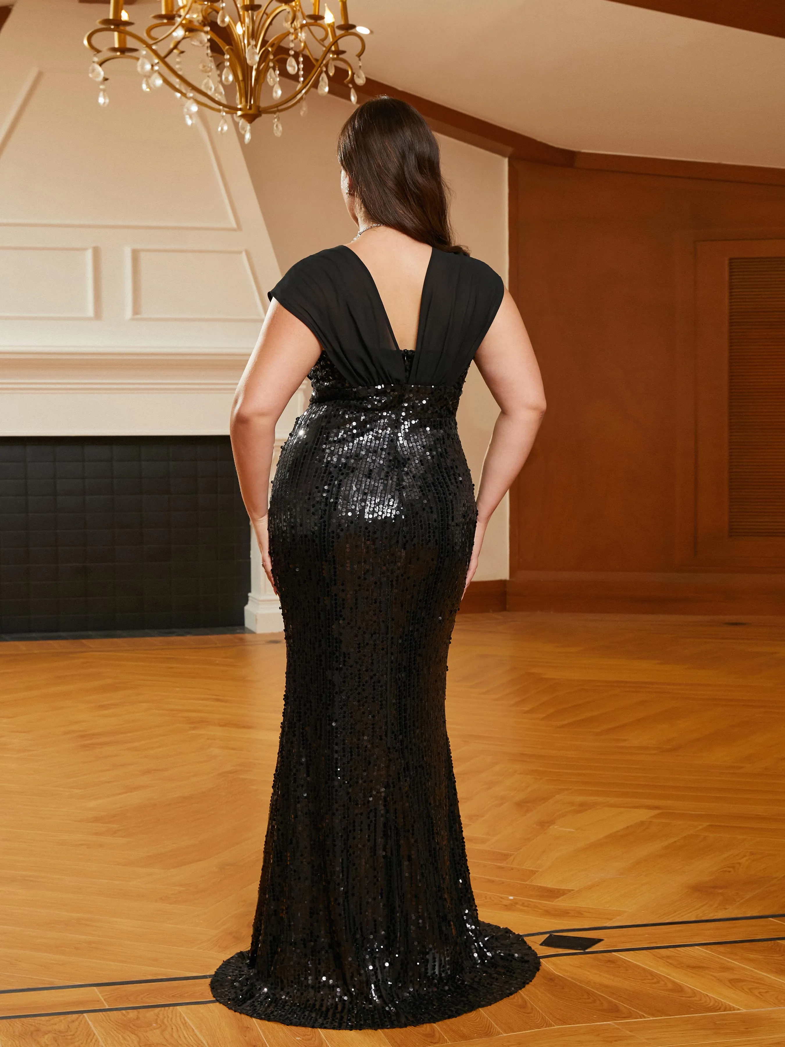 Plus Size Panel Sleeveless Sequin Black Evening Dress PRA60219