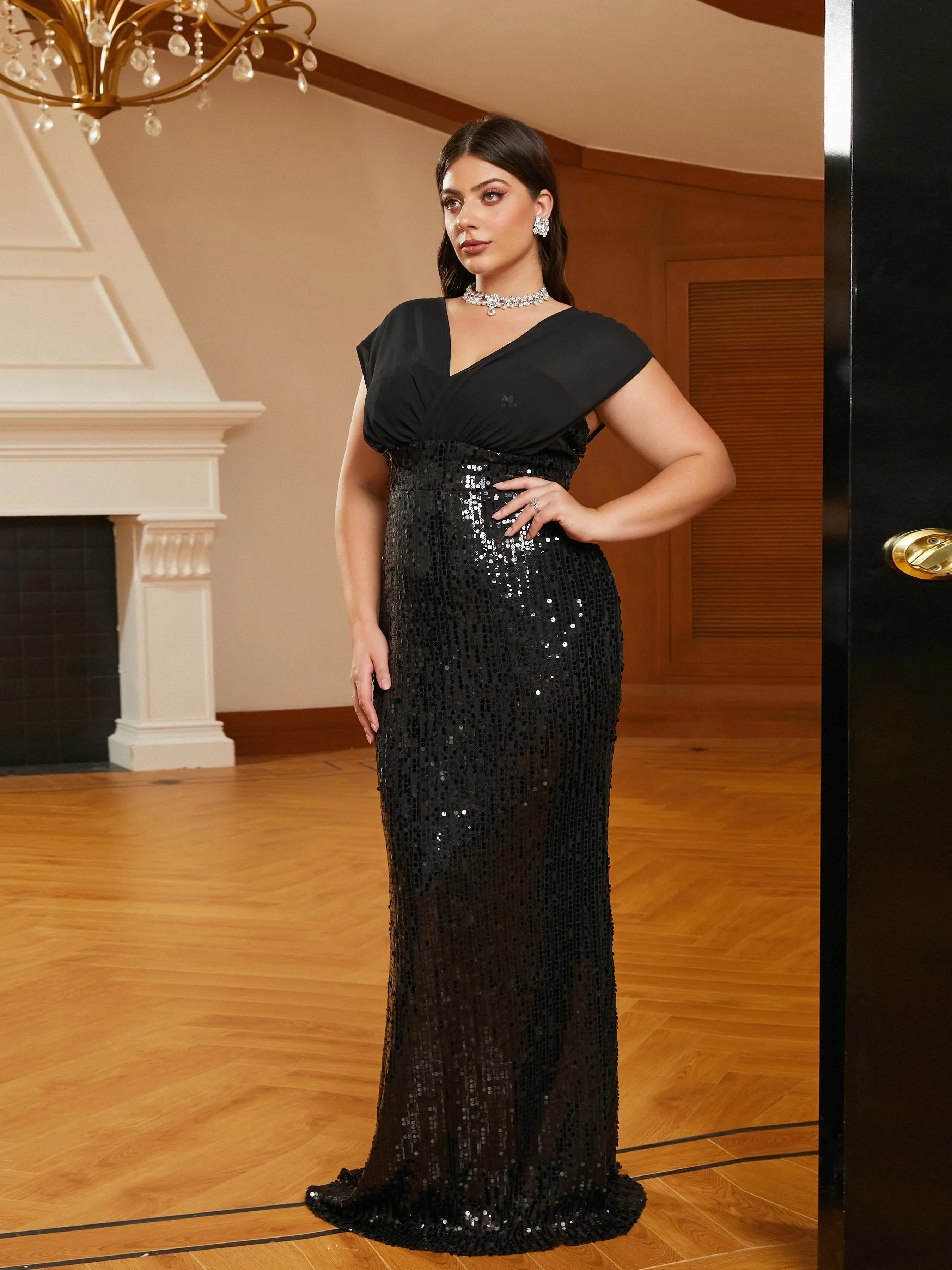 Plus Size Panel Sleeveless Sequin Black Evening Dress PRA60219