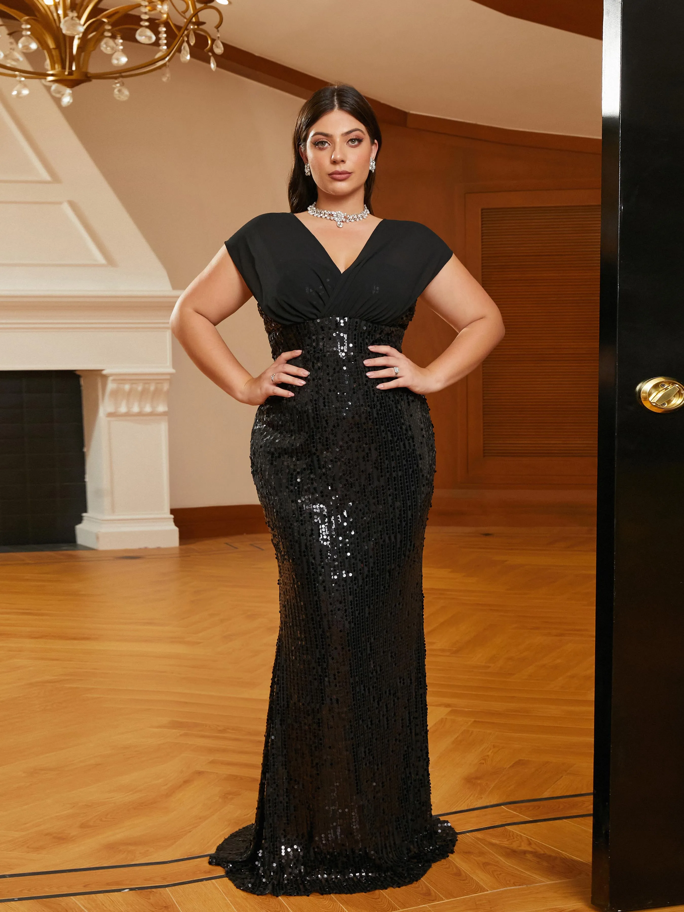 Plus Size Panel Sleeveless Sequin Black Evening Dress PRA60219