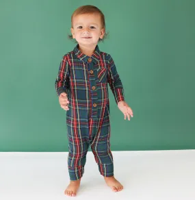 Posh Peanut | Long Sleeve Collared Henley Romper ~ Tartan Plaid