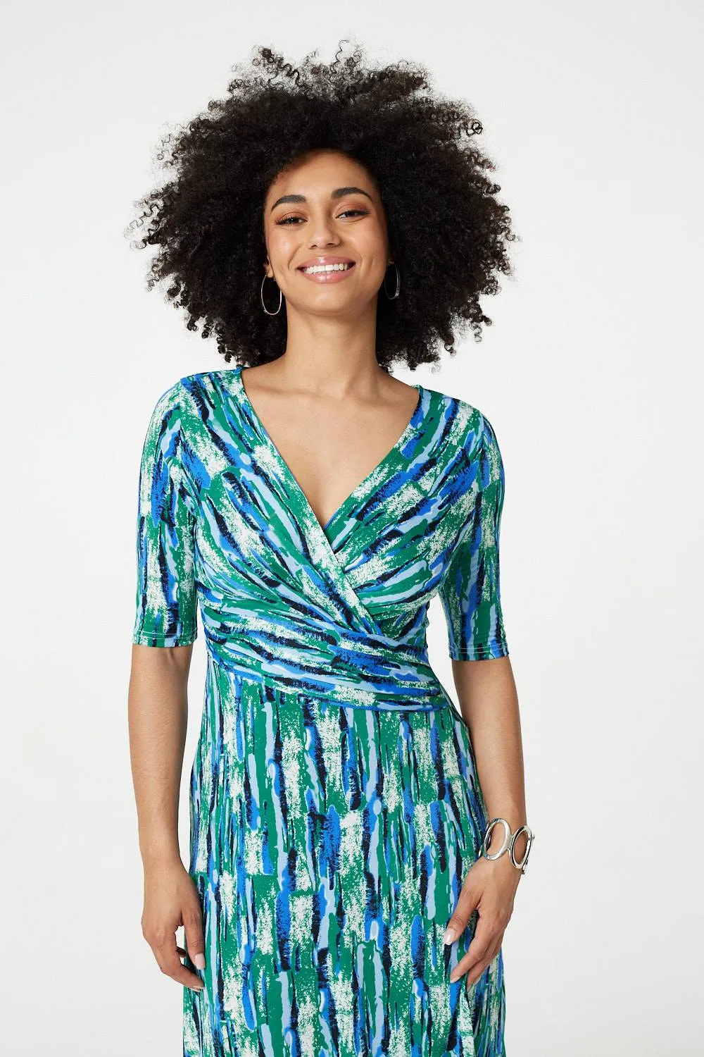 Printed 1/2 Sleeve Faux Wrap Dress