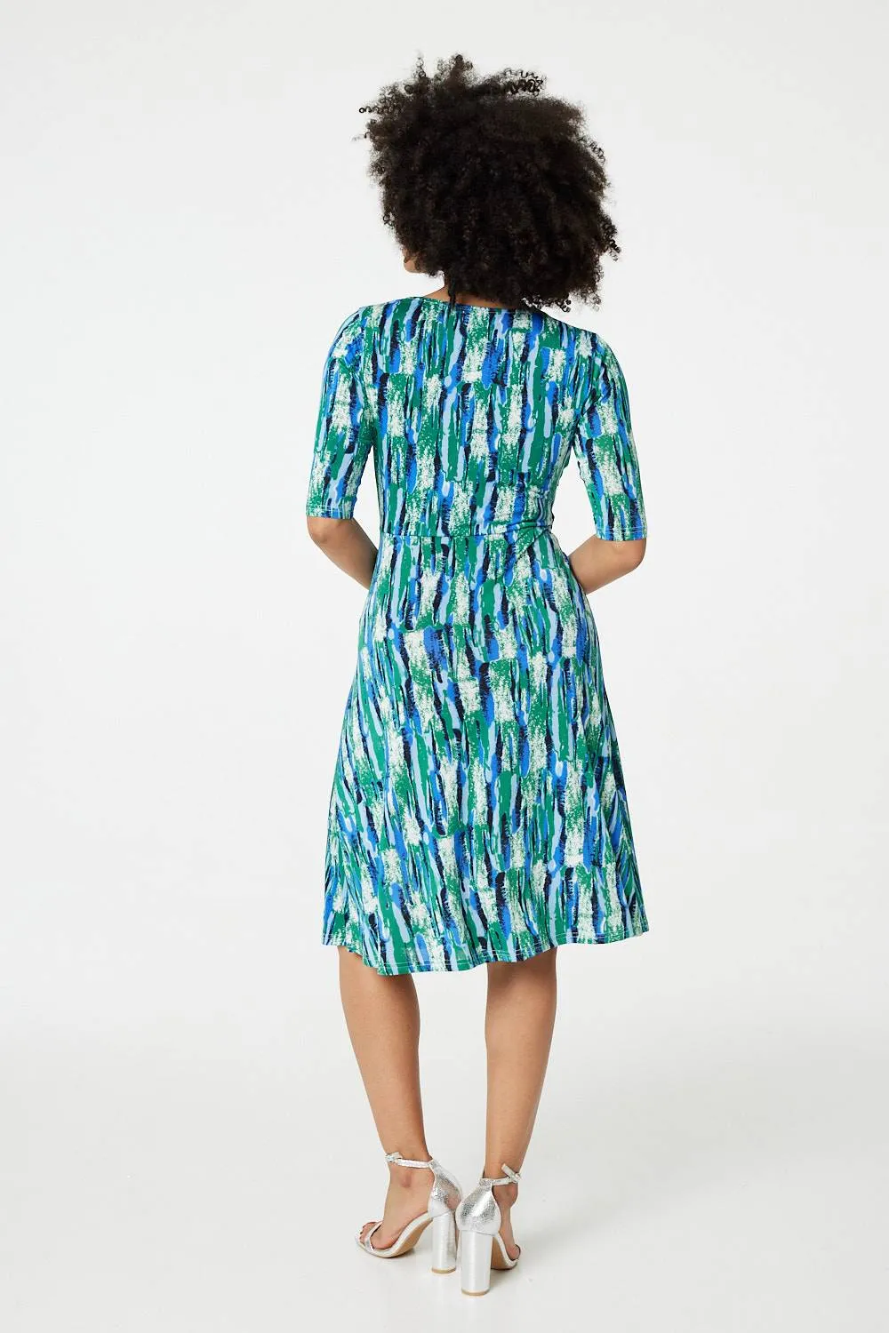 Printed 1/2 Sleeve Faux Wrap Dress