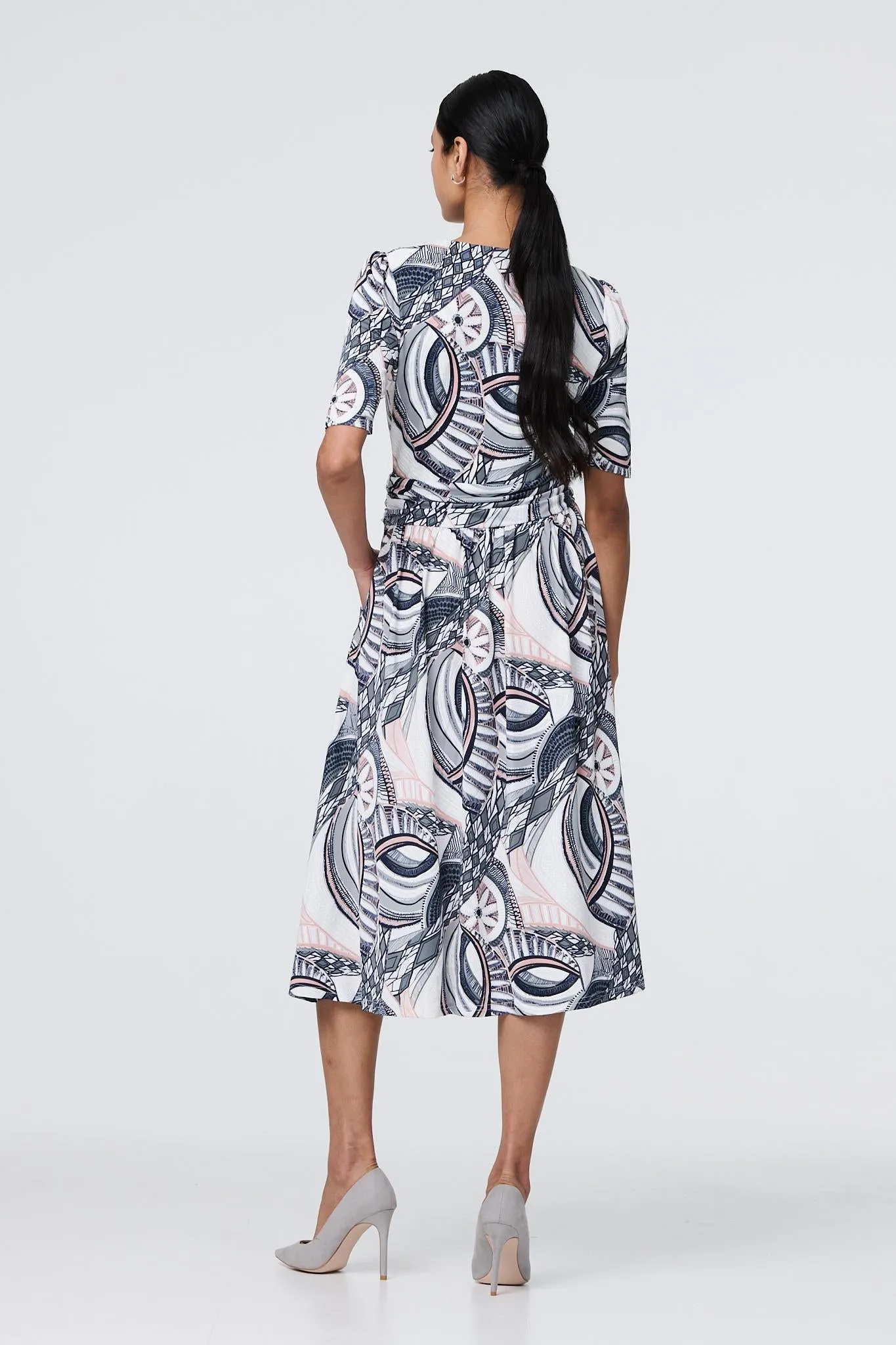 Printed 1/2 Sleeve Knee Length Wrap Dress