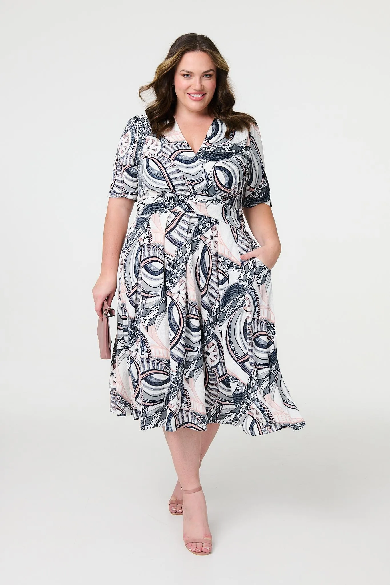 Printed 1/2 Sleeve Knee Length Wrap Dress