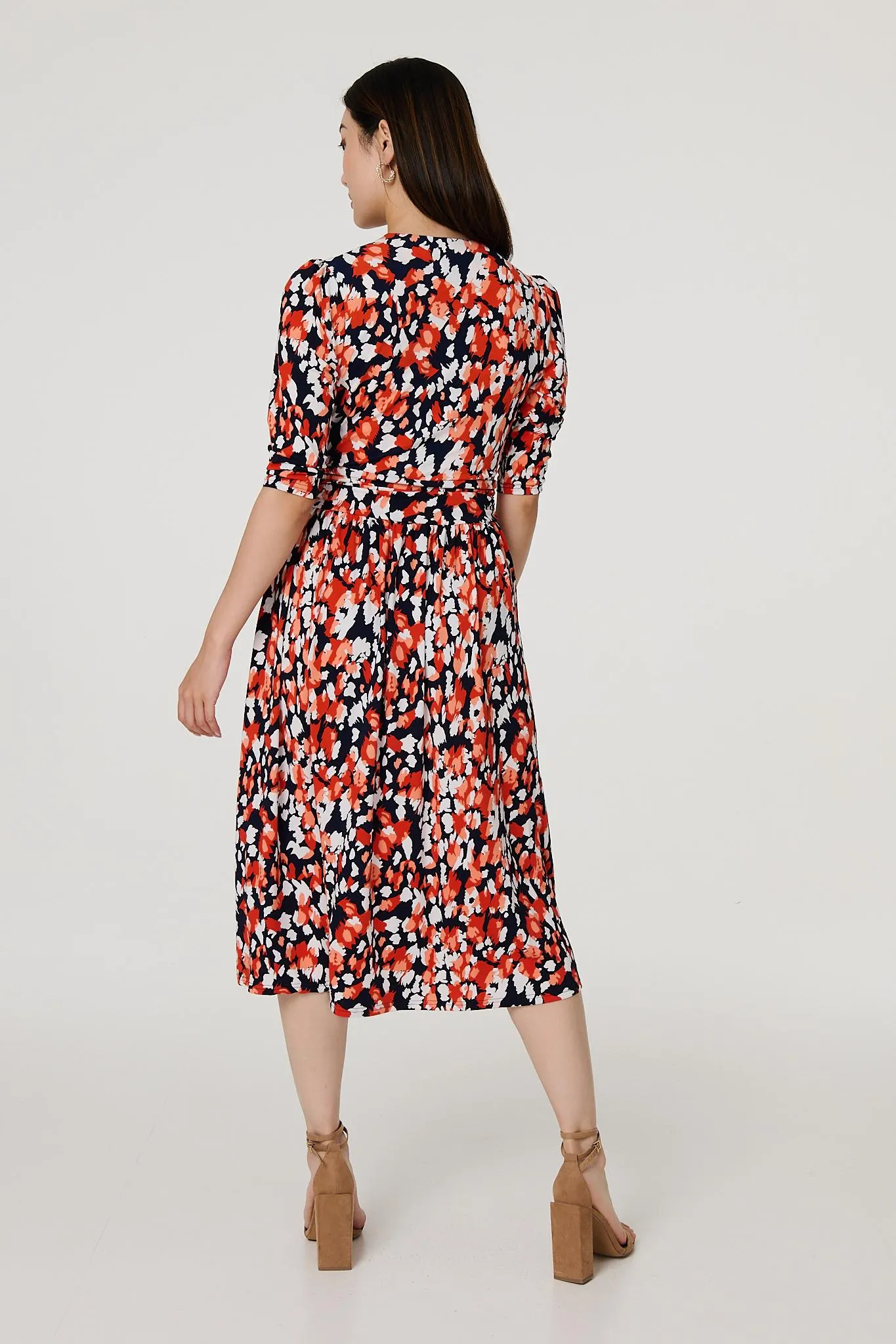 Printed 3/4 Sleeve V-Neck Midi Wrap Dress