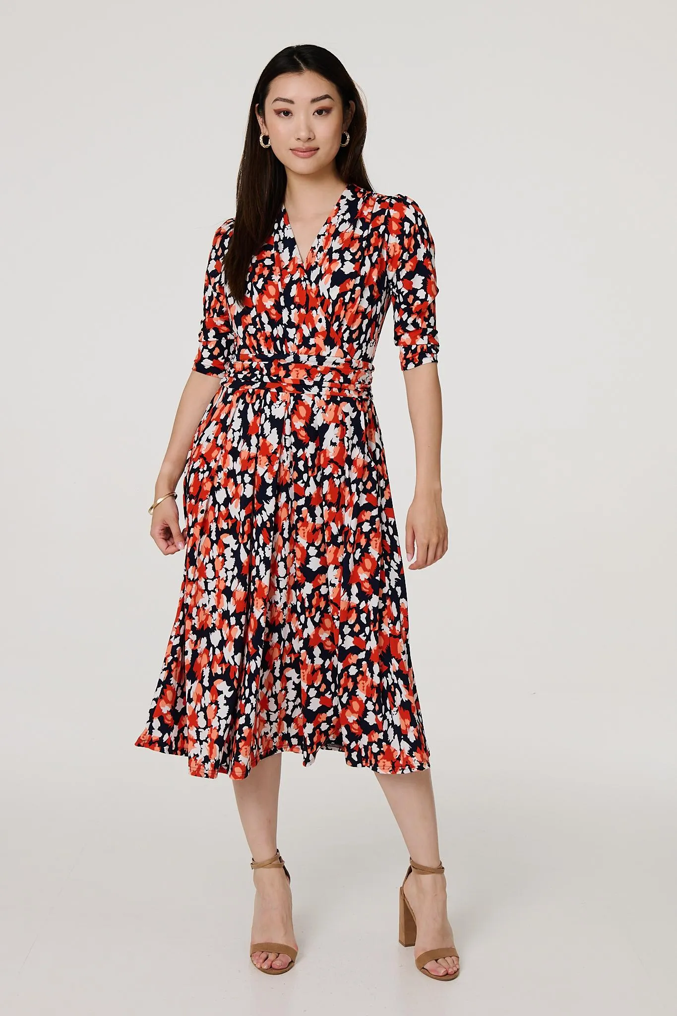 Printed 3/4 Sleeve V-Neck Midi Wrap Dress