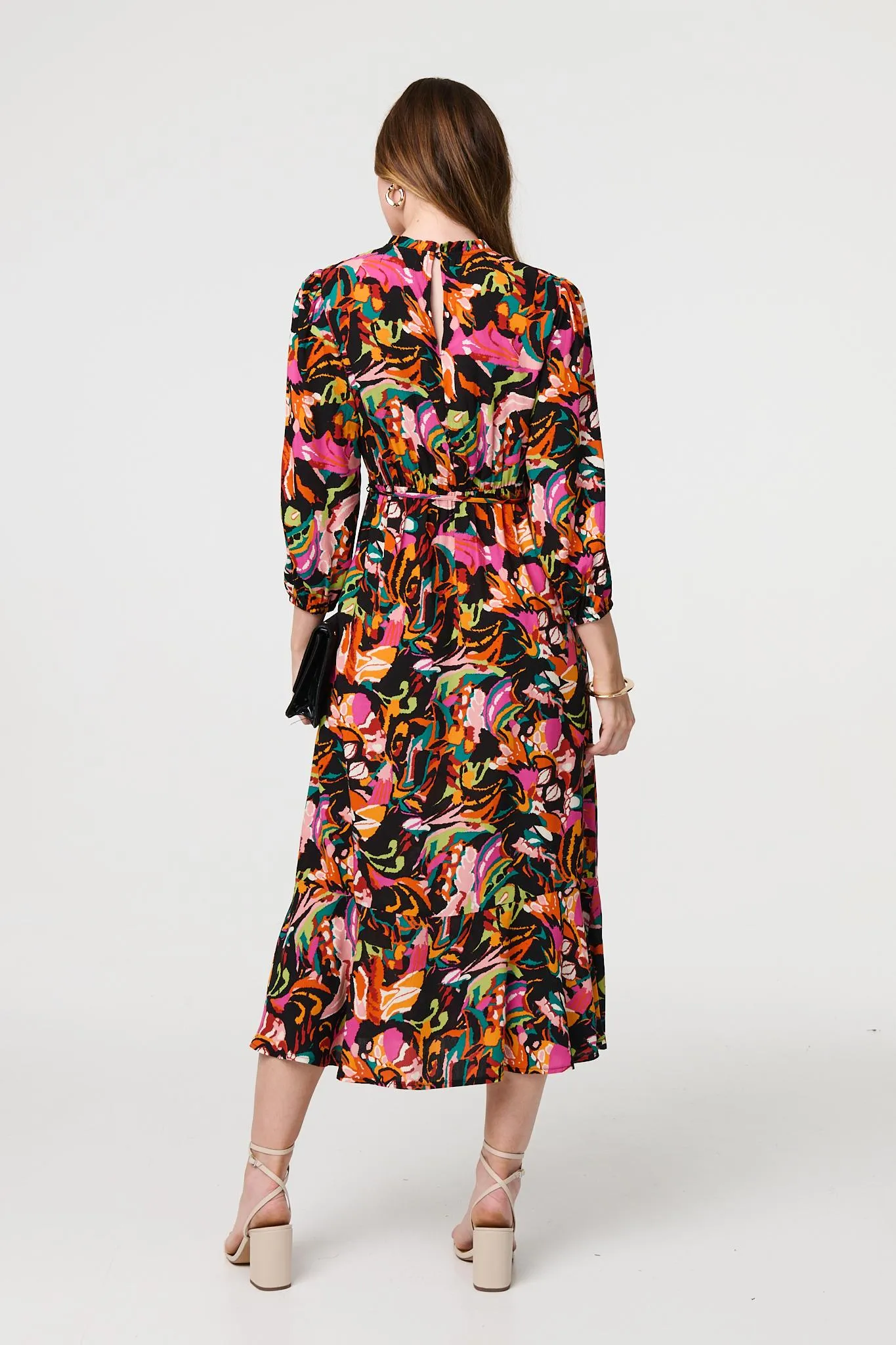 Printed High Neck Long Sleeve Midi Dress