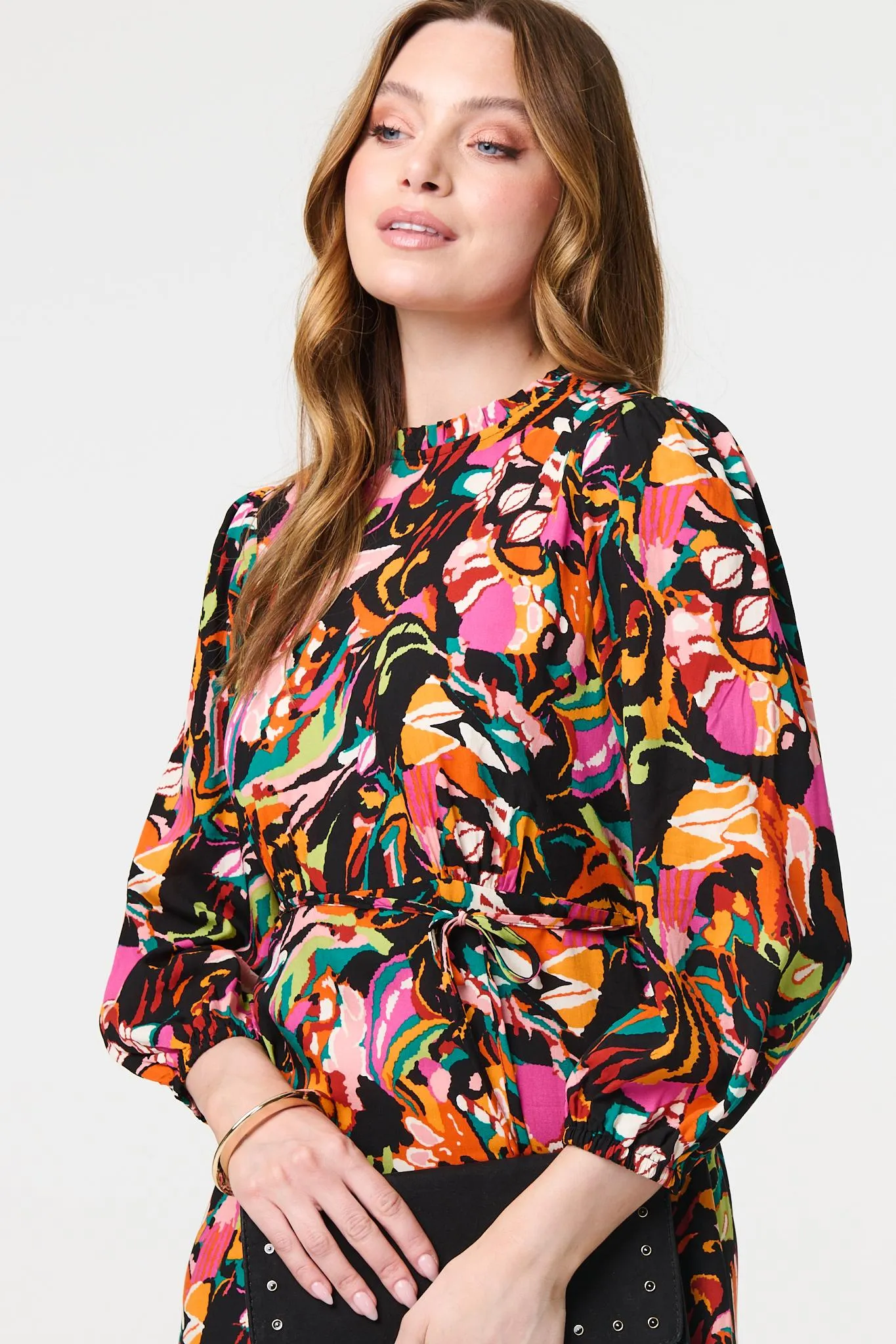 Printed High Neck Long Sleeve Midi Dress