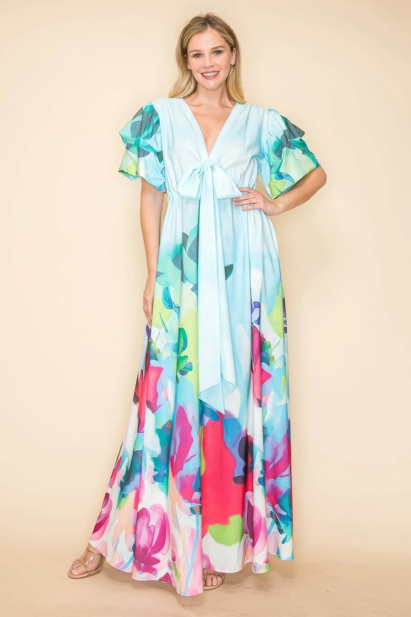 Printed V Neck Maxi Dress