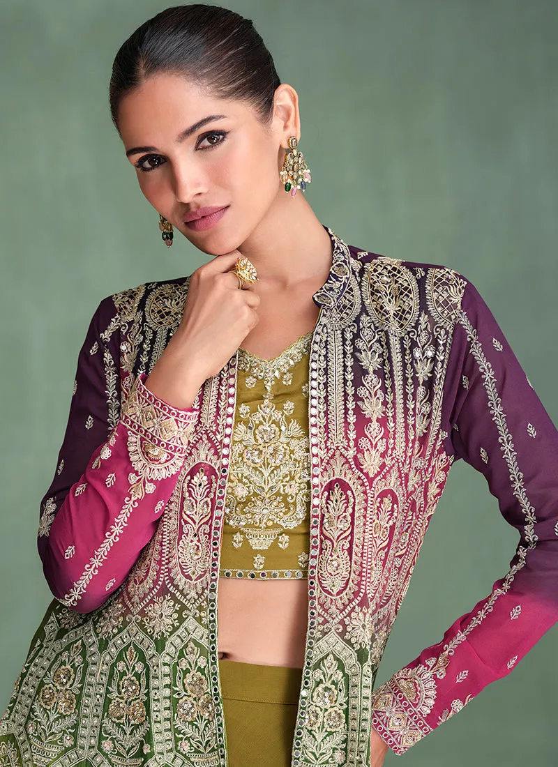 Purple And Olive Ombre Embroidered Jacket Style Sharara Suit