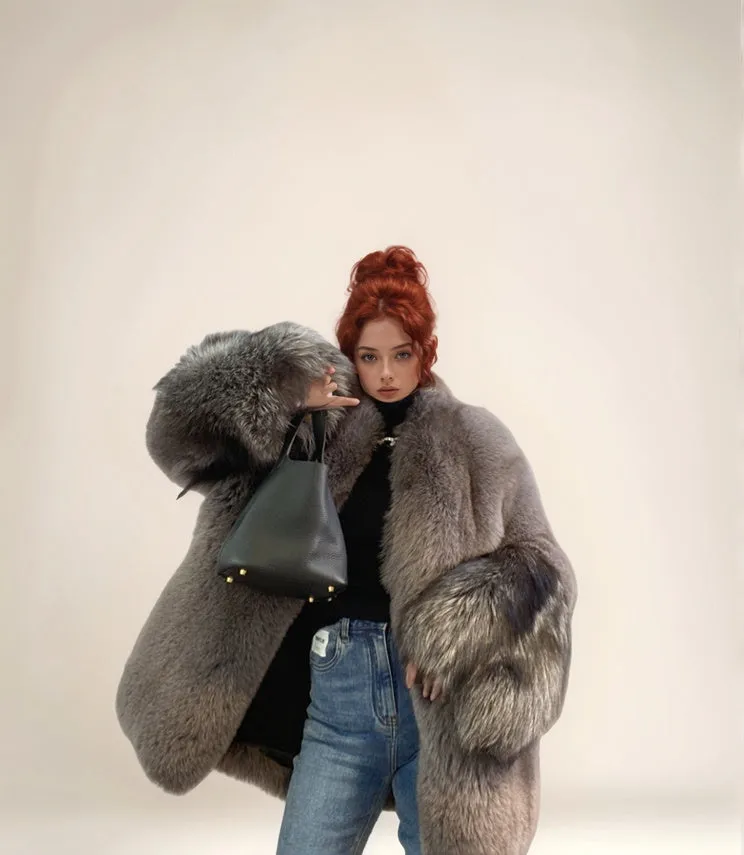 Real Fox Fur Coat for Women - Blue Fox and Silver Fox - G0010