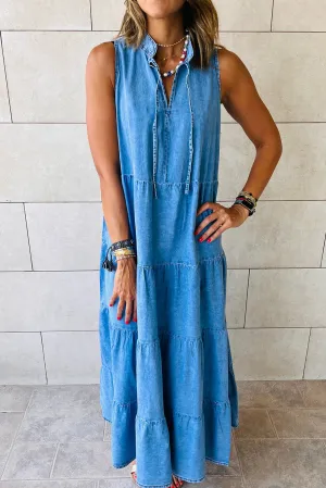 Real Teal Sleeveless Tiered Chambray Maxi Dress