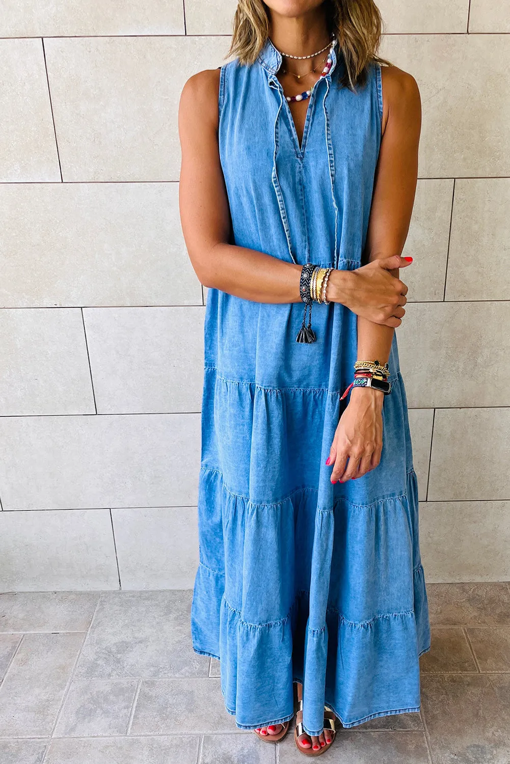 Real Teal Sleeveless Tiered Chambray Maxi Dress