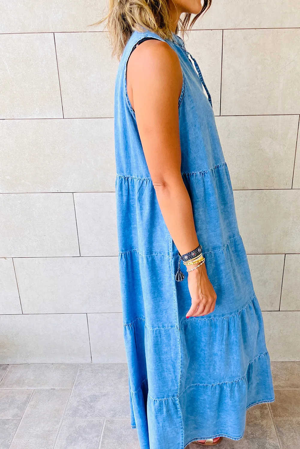 Real Teal Sleeveless Tiered Chambray Maxi Dress