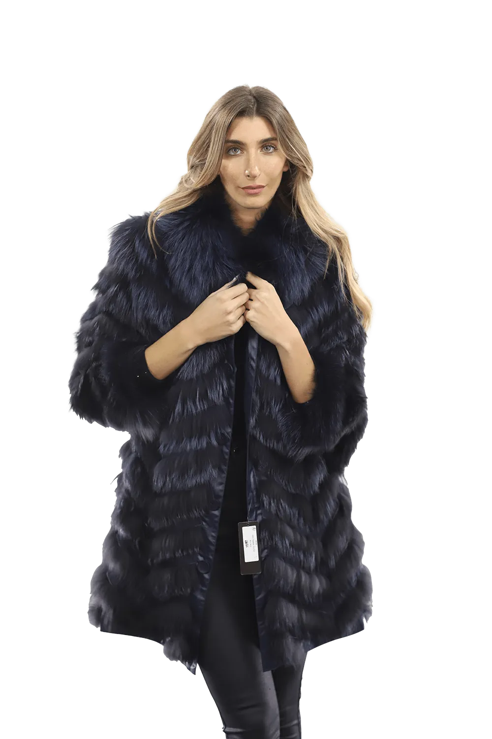 Reversible Silver Fox Fur Coat - Dark Blue