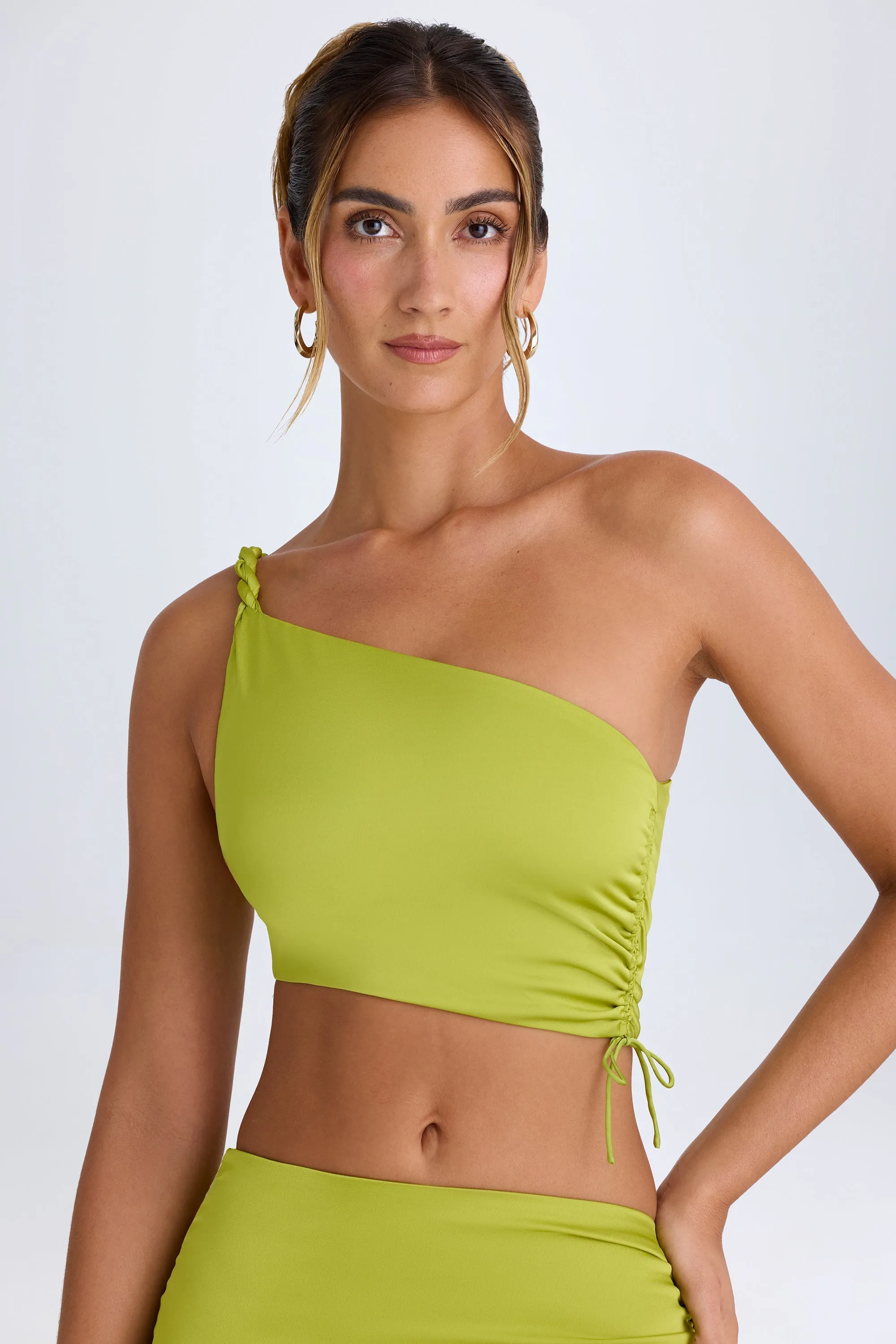 Ruched Asymmetric Crop Top in Pear Green