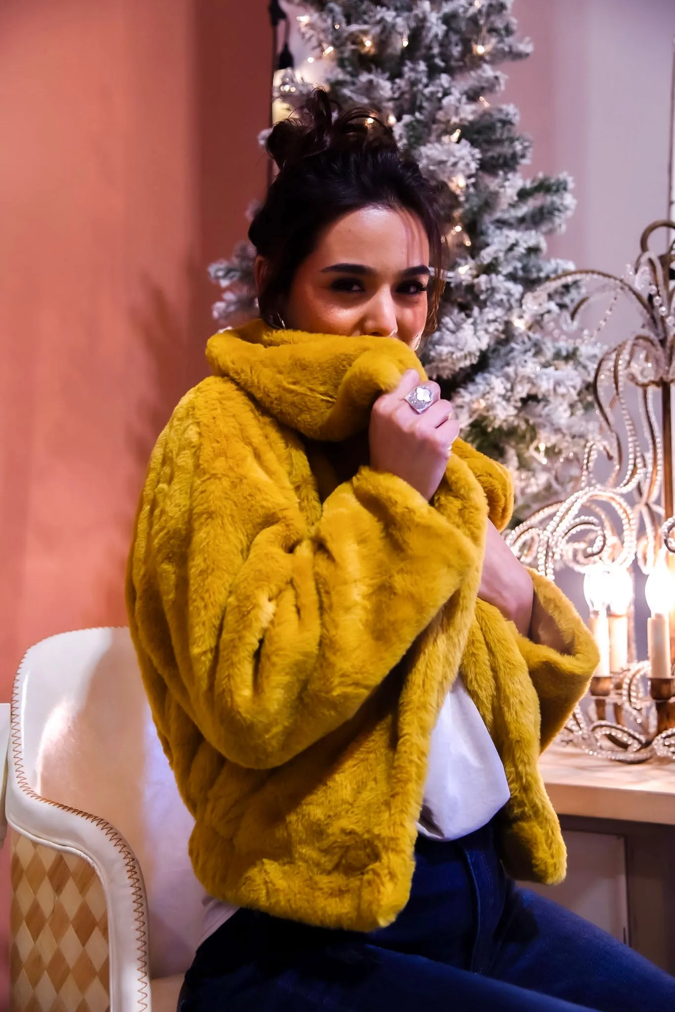 Saffron Chic Faux Fur Short Coat - Mustard