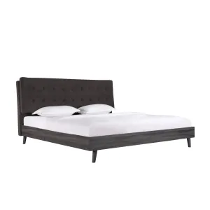 Saiya Mid-Century Modern King Bed with Velvet Upholstered Headboard and Grey Faux Wood Finish