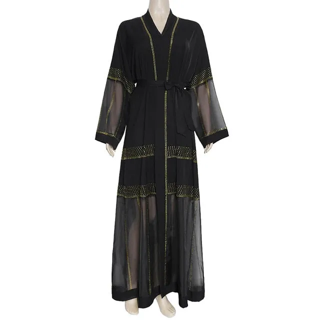 Sequin Tie Waist Rope Abaya Dress