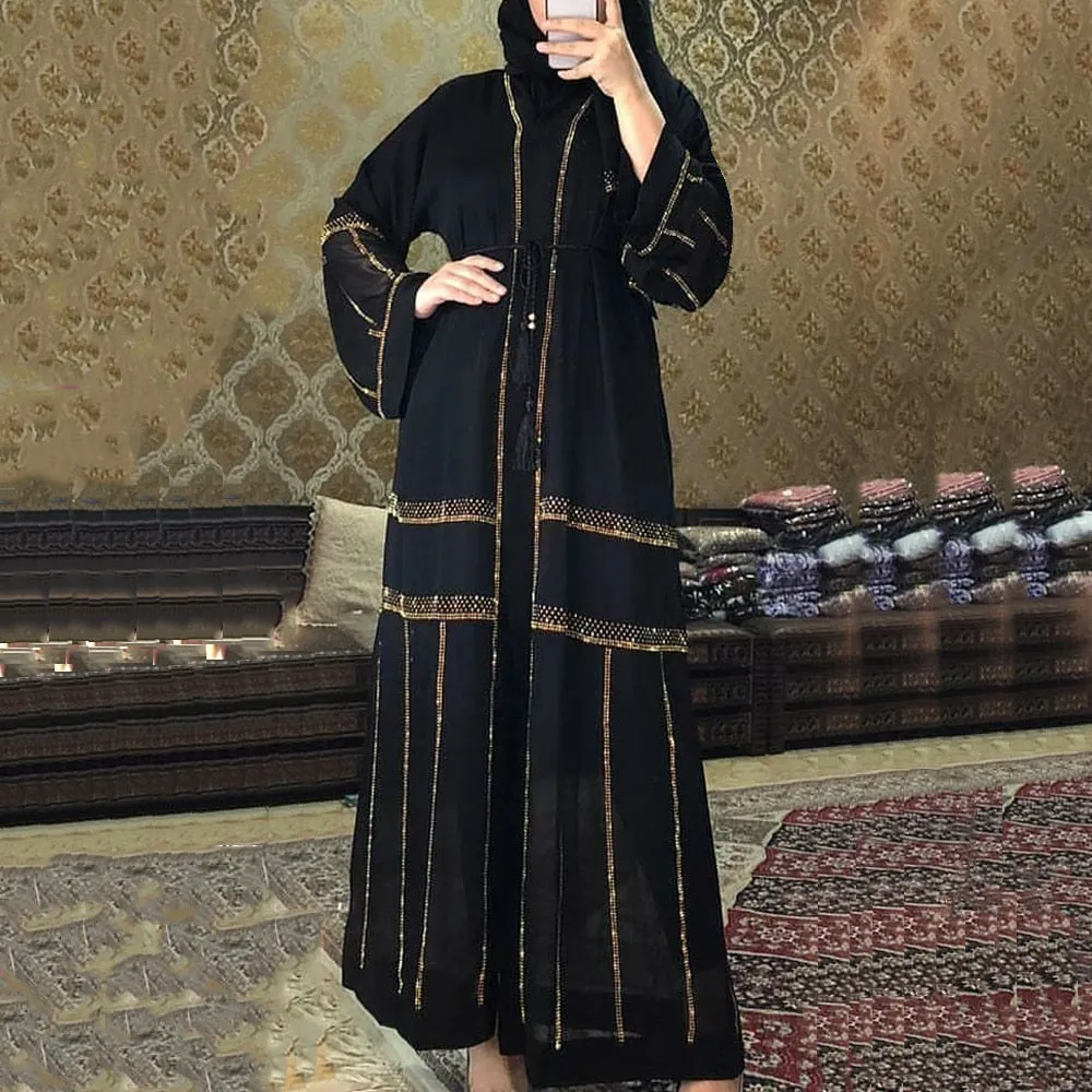 Sequin Tie Waist Rope Abaya Dress