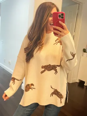 Sierra Cheetah Split Hem Sweater - Parchment (Ships in 2-3 Weeks)