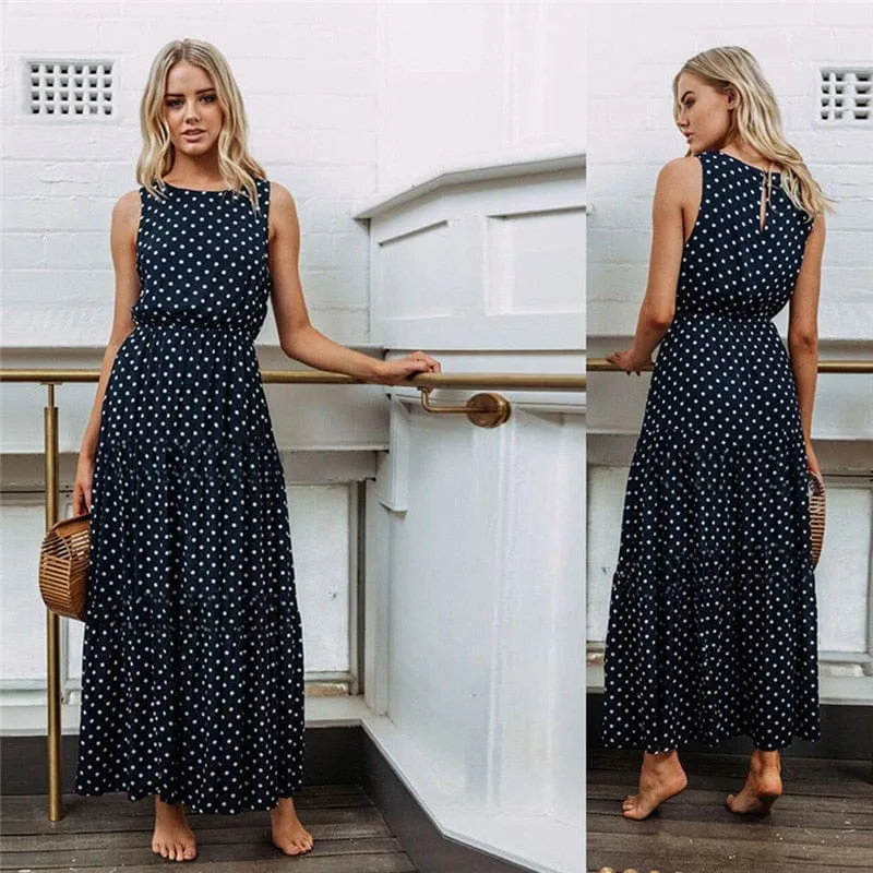 Sleeveless Dot Print Long Maxi Dress