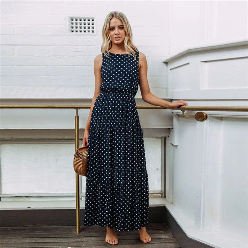 Sleeveless Dot Print Long Maxi Dress