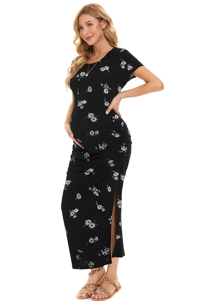 Smallahow Short Sleeve Floral Maternity Maxi Dress