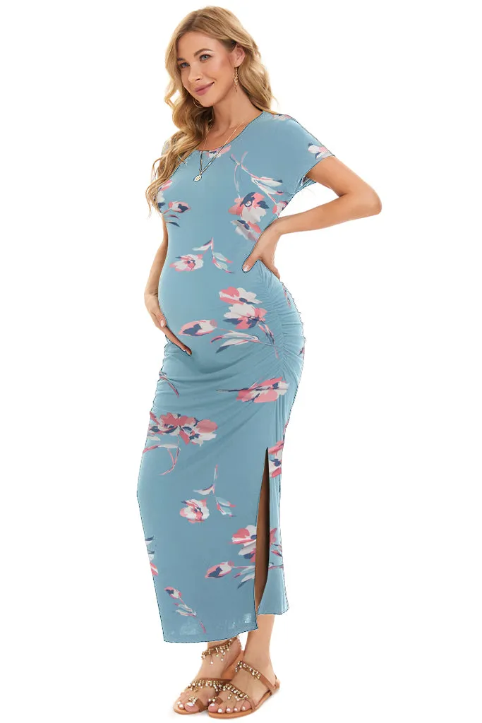 Smallahow Short Sleeve Floral Maternity Maxi Dress