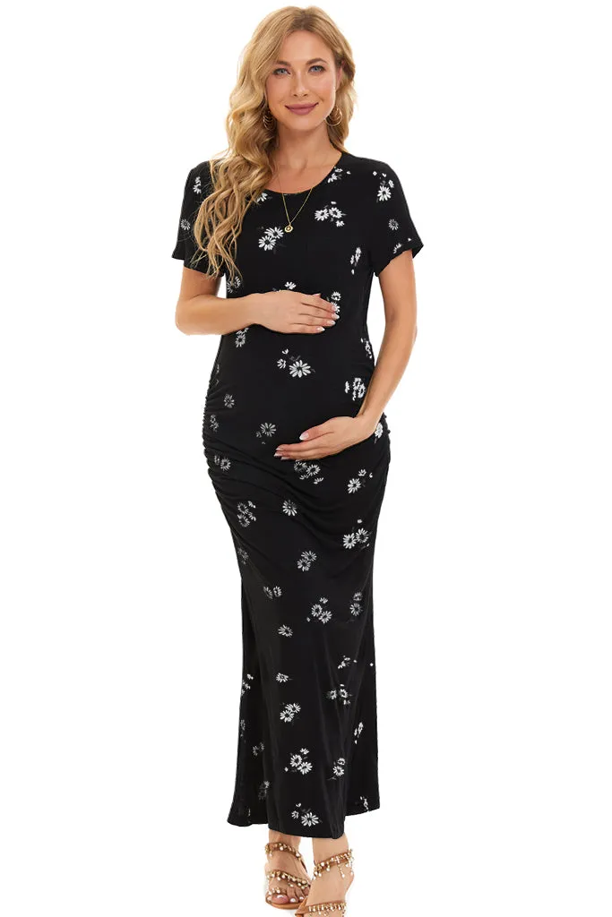 Smallahow Short Sleeve Floral Maternity Maxi Dress