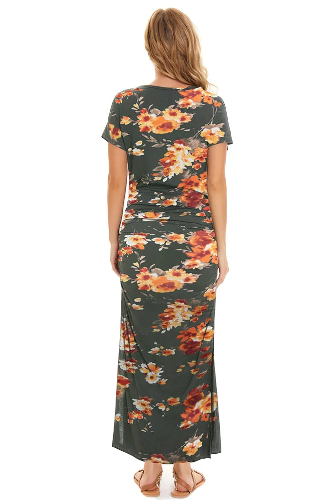 Smallahow Short Sleeve Floral Maternity Maxi Dress