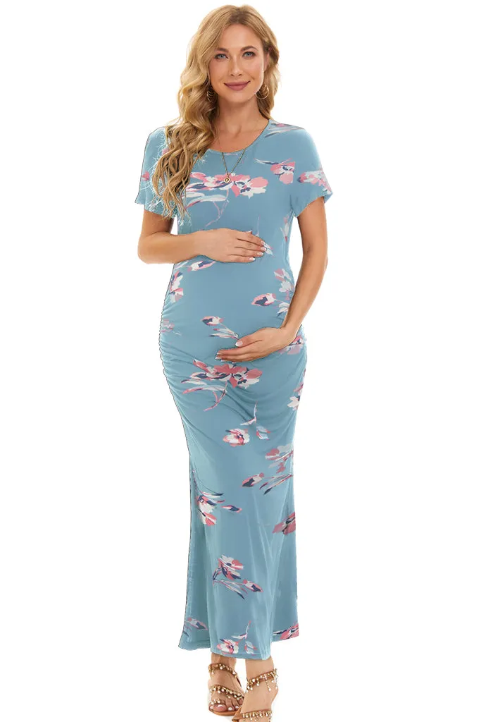 Smallahow Short Sleeve Floral Maternity Maxi Dress