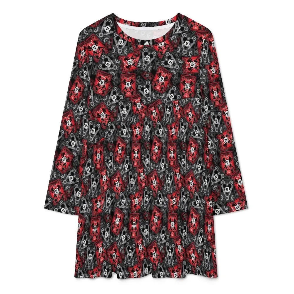 Steamboat Mickey And Minnie Cards Long Sleeve Patchwork T-shirt Dress