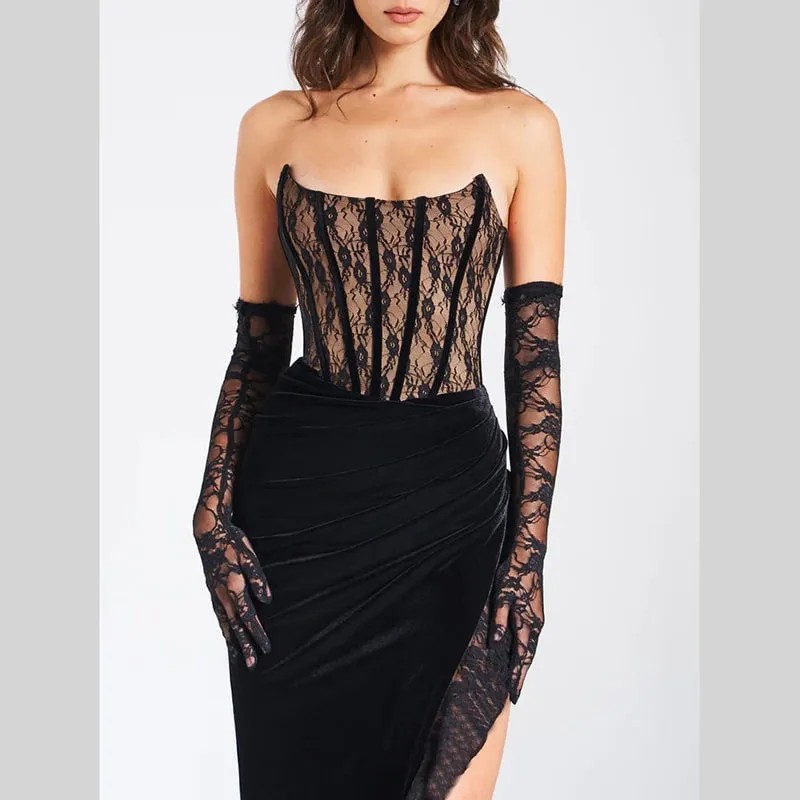 Strapless Velvet Dress with Frill Slit