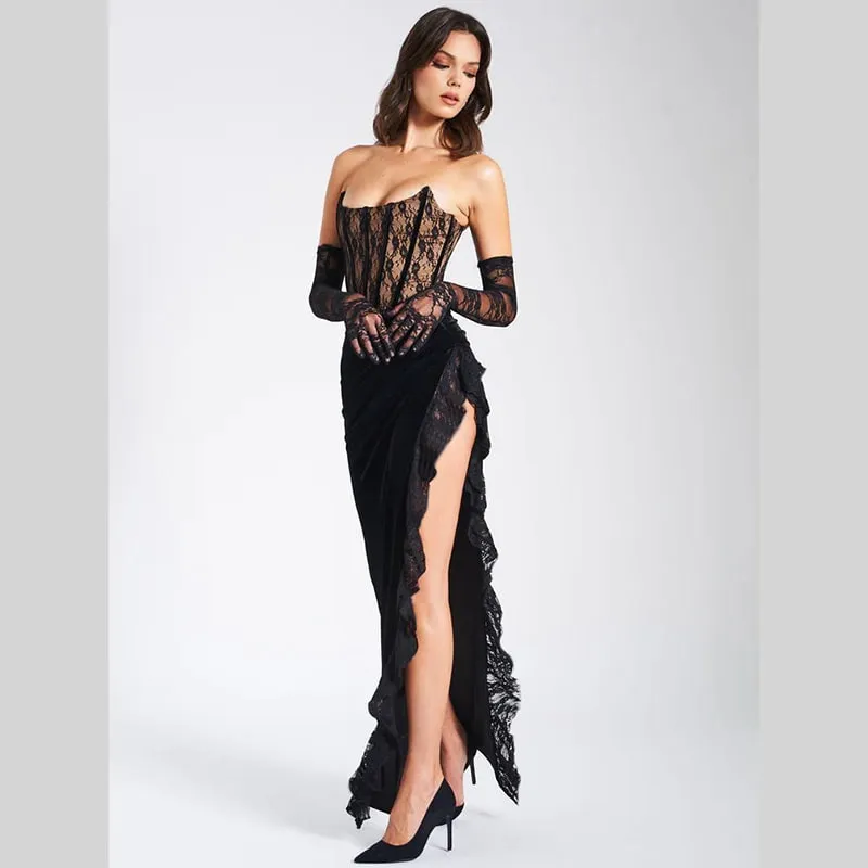 Strapless Velvet Dress with Frill Slit